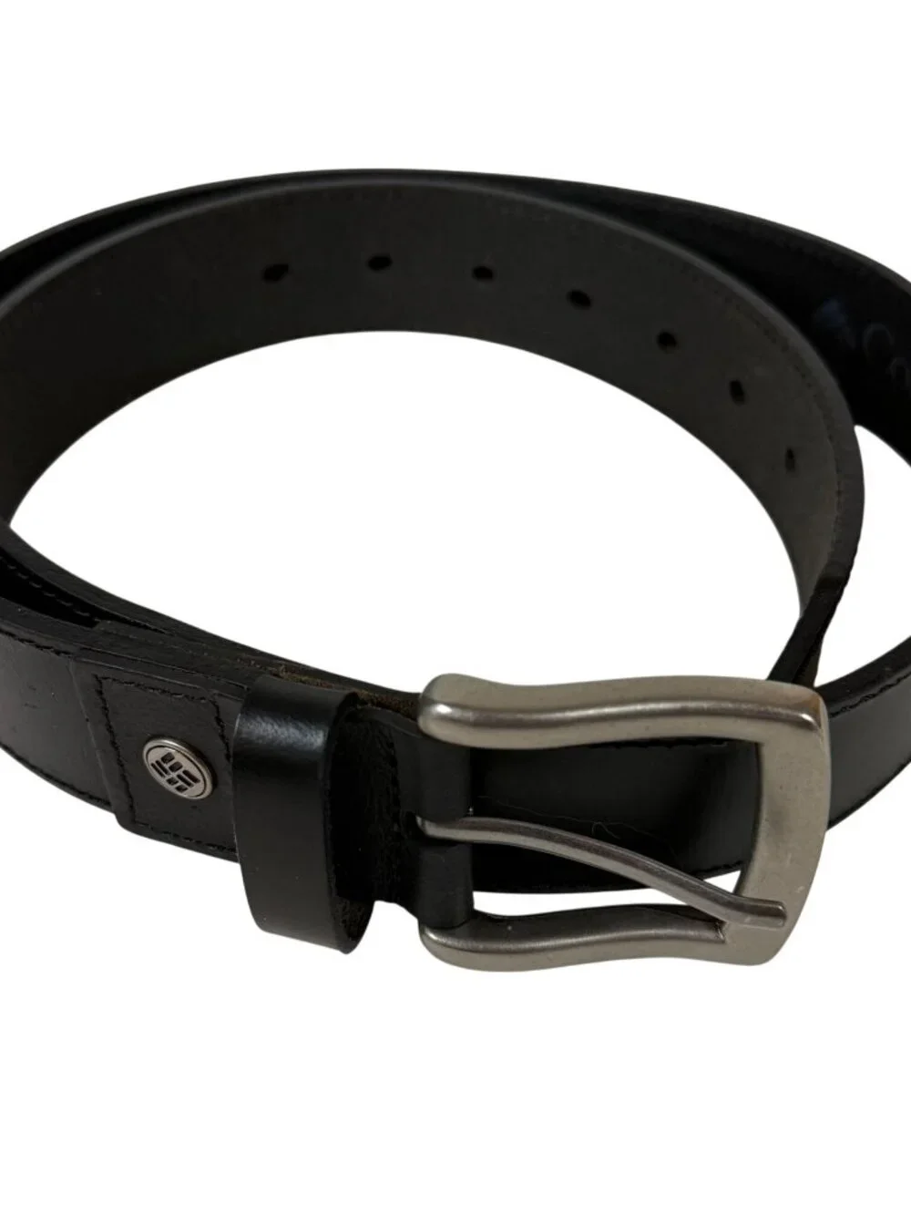 Columbia Mens Black Leather Belt Silver Buckle Size M 34-36 TABE